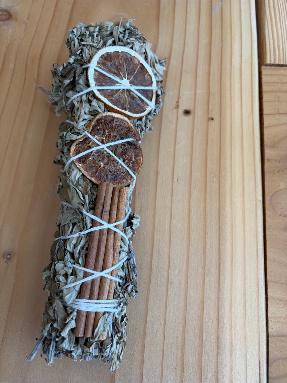 Hand-Tied White Sage Smudge Stick with Dried Orange & Cinnamon - Natural